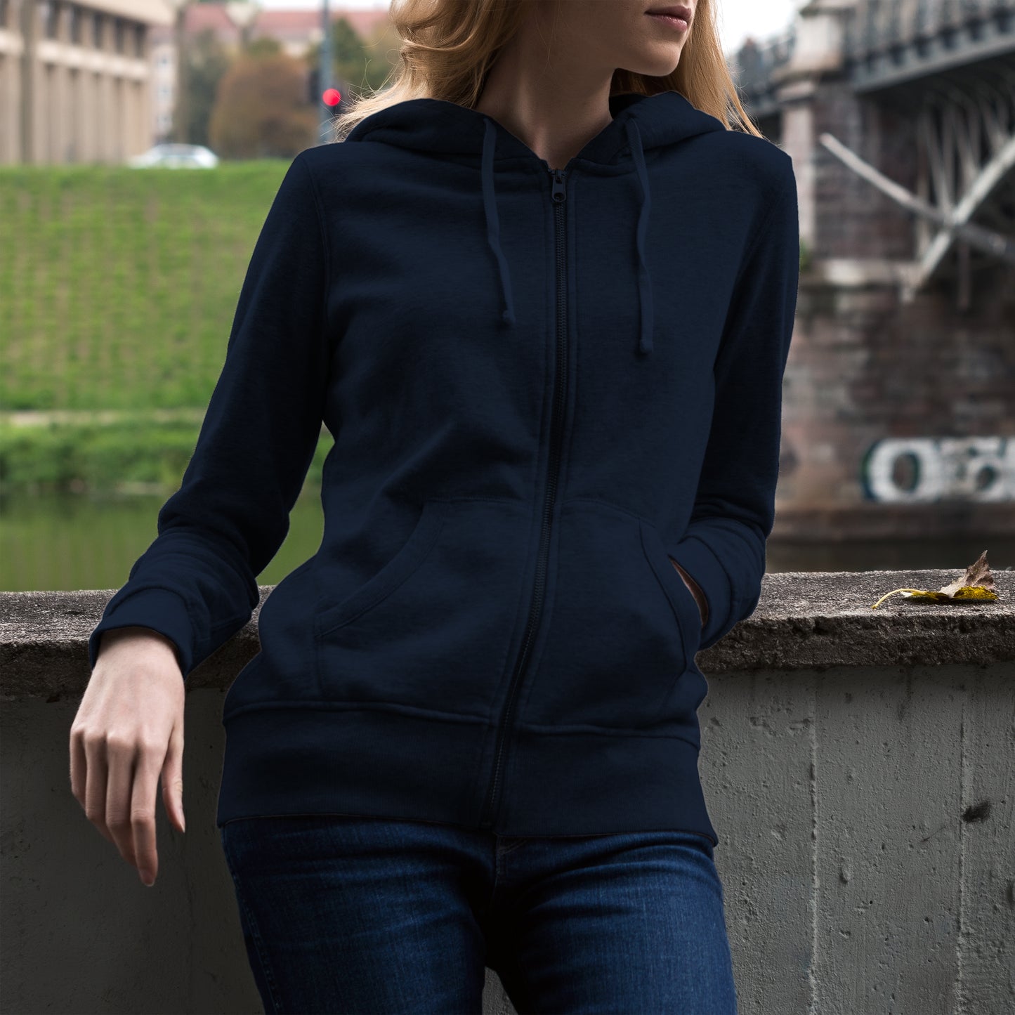 Women Zipper Hoodie Navy Blue- FlyingCart.pk
