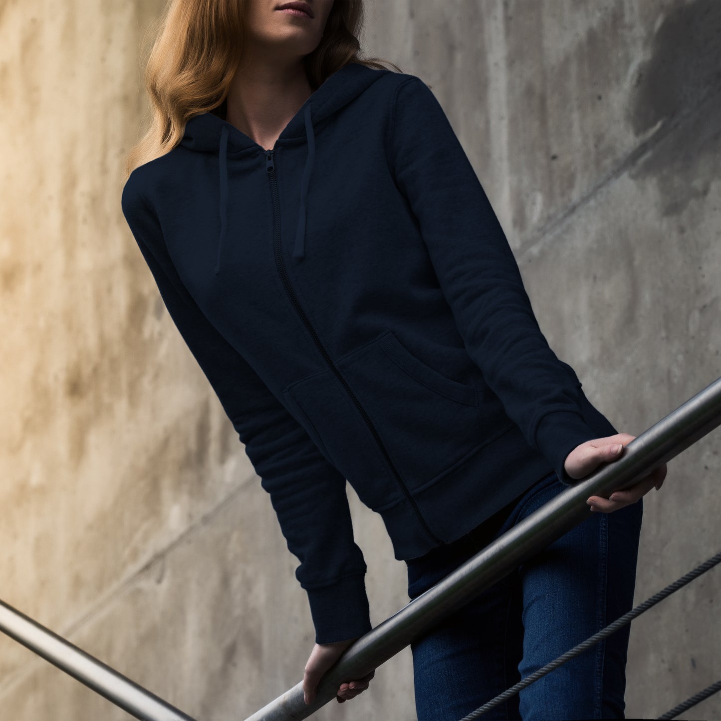 Women Zipper Hoodie Navy Blue- FlyingCart.pk