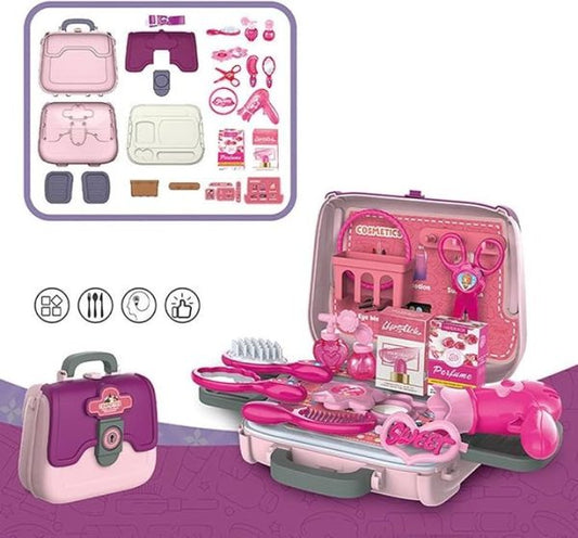 24 Pcs Girls Beauty Salon Toy Kit with Hairdryer, Comb & Cosmetic Bag
