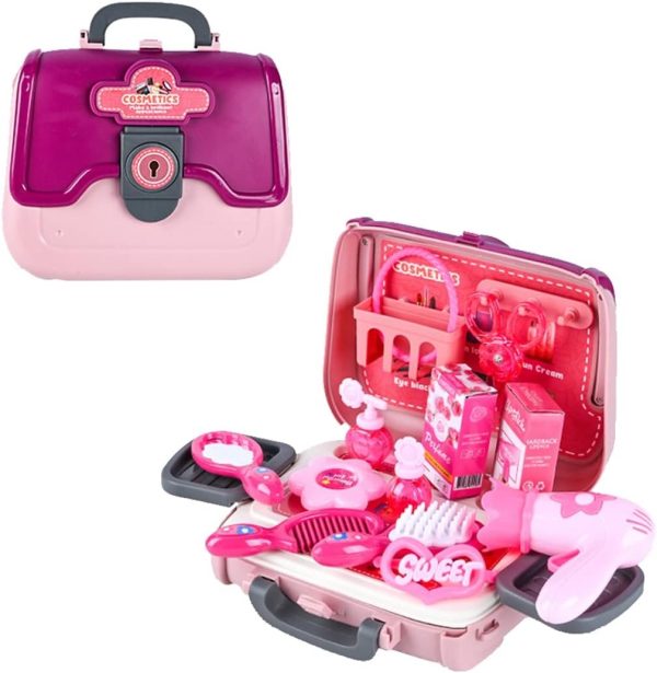 24 Pcs Girls Beauty Salon Toy Kit with Hairdryer, Comb & Cosmetic Bag