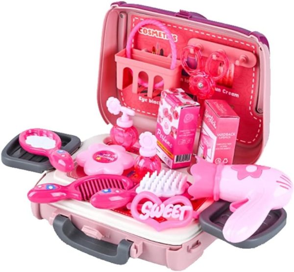 24 Pcs Girls Beauty Salon Toy Kit with Hairdryer, Comb & Cosmetic Bag