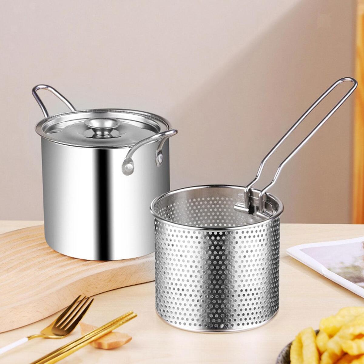 Stainless Steel Deep Fryer Pot with Strainer Basket & Long Handle -FlyingCart.pk