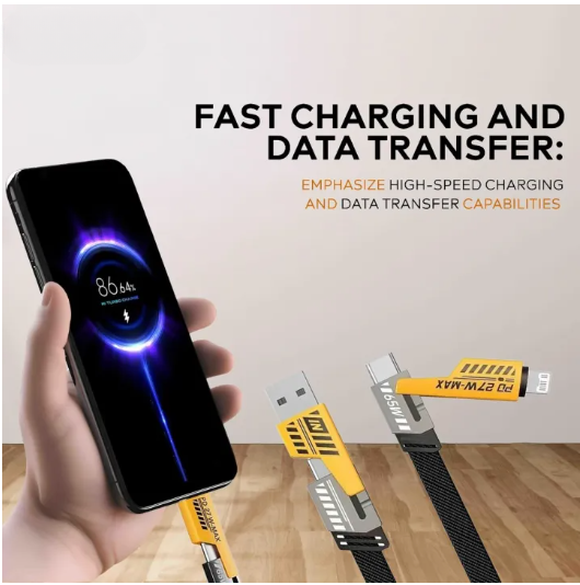 4-in-1-data-cable-usb-c-lightning-connectors-braided-durable-design-fast-charging-data-transfer-black-with-yellow-connectors-1-flyingcart.pk