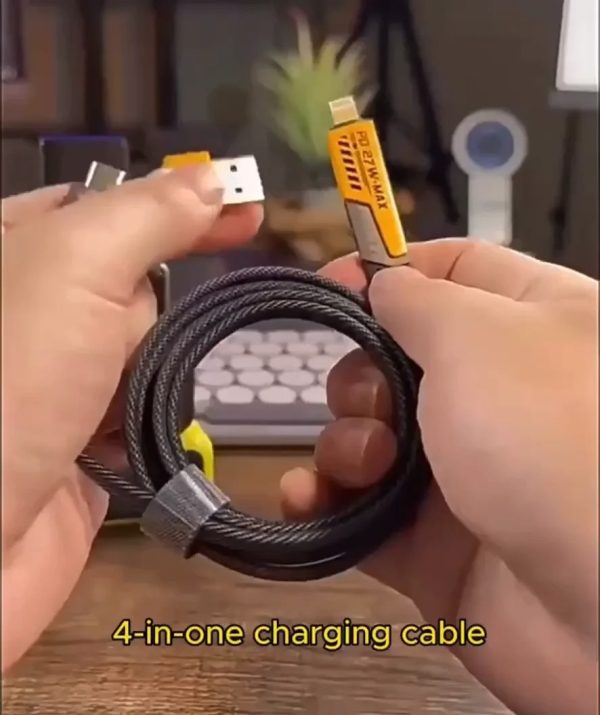 4-in-1-data-cable-usb-c-lightning-connectors-braided-durable-design-fast-charging-data-transfer-black-with-yellow-connectors-1-flyingcart.pk