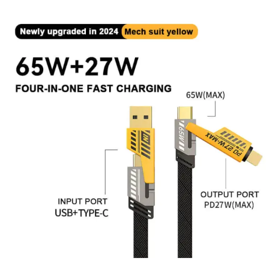 4-in-1-data-cable-usb-c-lightning-connectors-braided-durable-design-fast-charging-data-transfer-black-with-yellow-connectors-1-flyingcart.pk