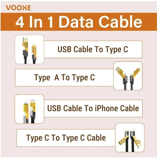 4-in-1-data-cable-usb-c-lightning-connectors-braided-durable-design-fast-charging-data-transfer-black-with-yellow-connectors-1-flyingcart.pk