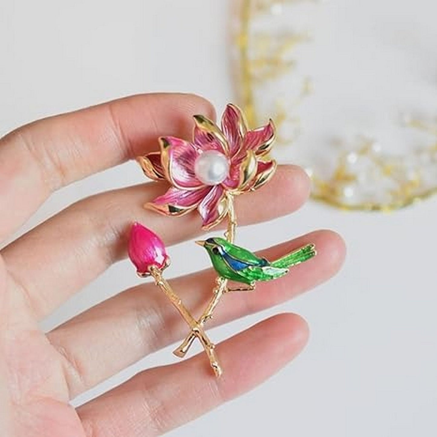 Exquisite Pearl Lotus And Magpie Pin Brooch - FlyingCart.pk