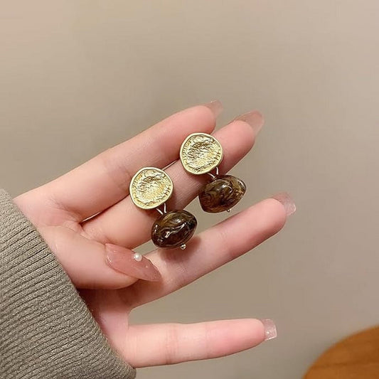 Coffee Color Tiger Eye Stone Earrings - FlyingCart.pk