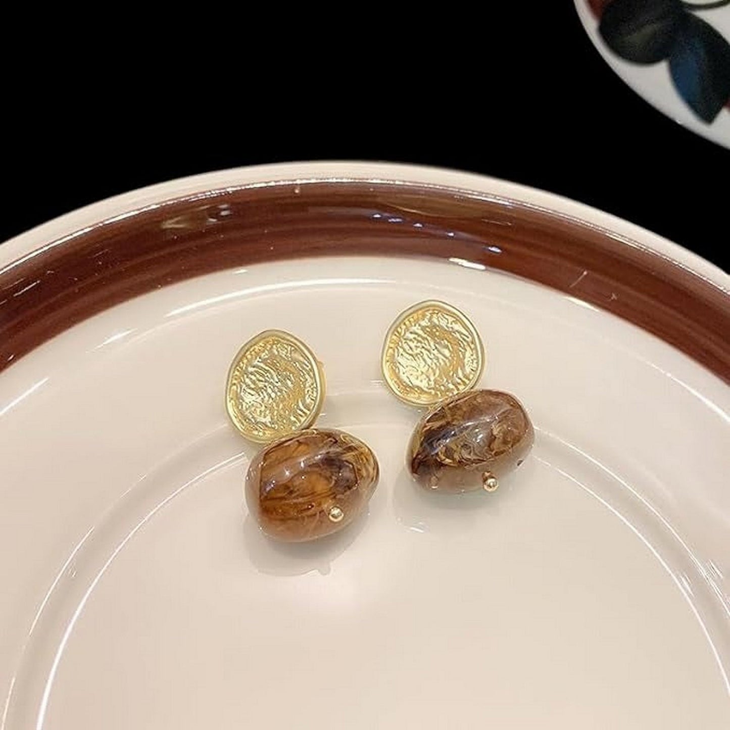 Coffee Color Tiger Eye Stone Earrings - FlyingCart.pk