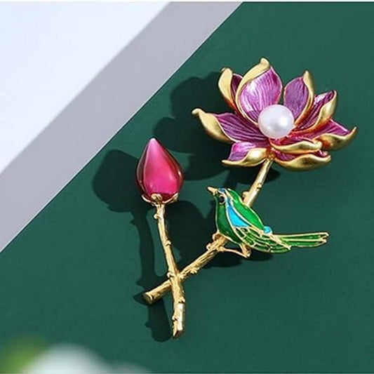 Exquisite Pearl Lotus And Magpie Pin Brooch - FlyingCart.pk