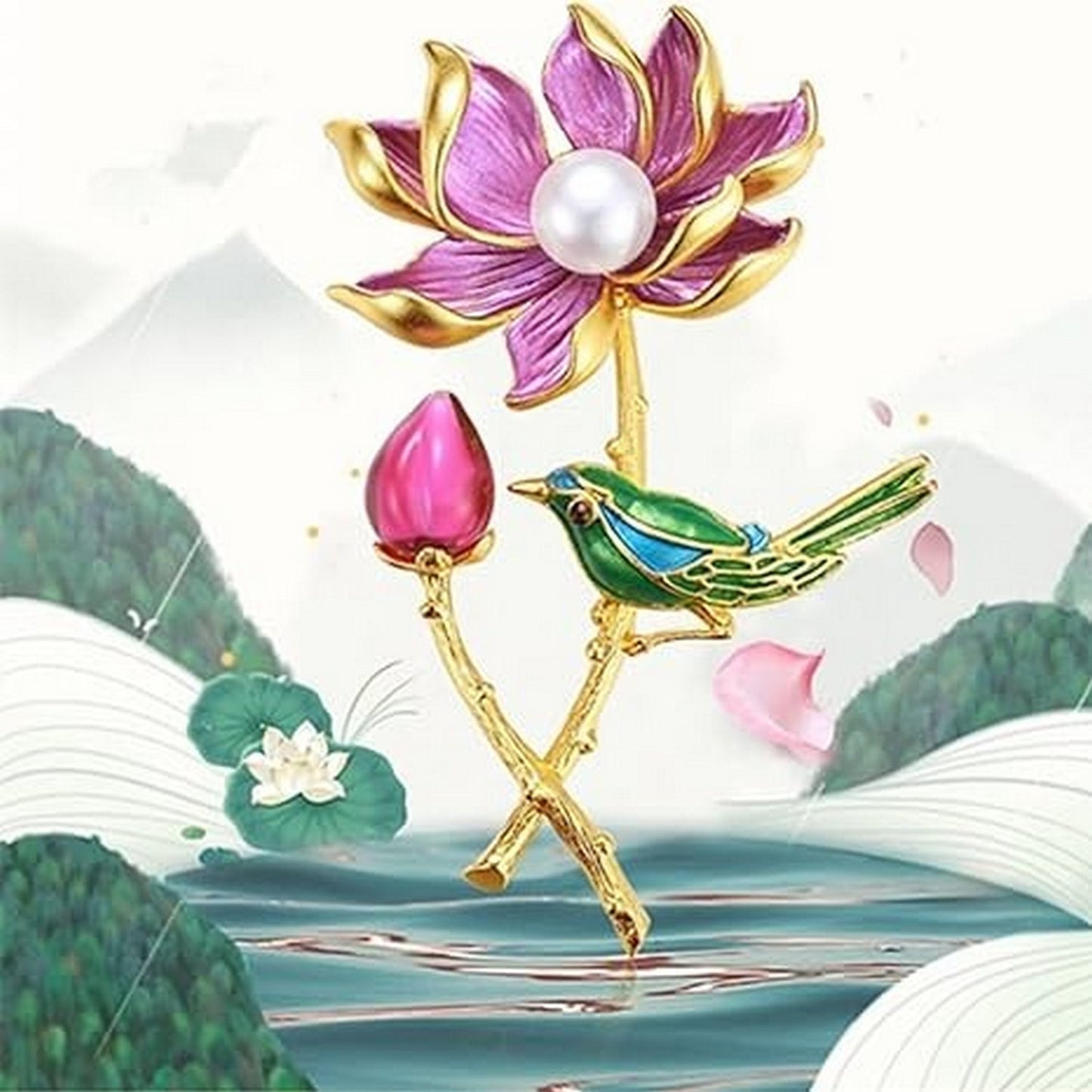 Exquisite Pearl Lotus And Magpie Pin Brooch - FlyingCart.pk