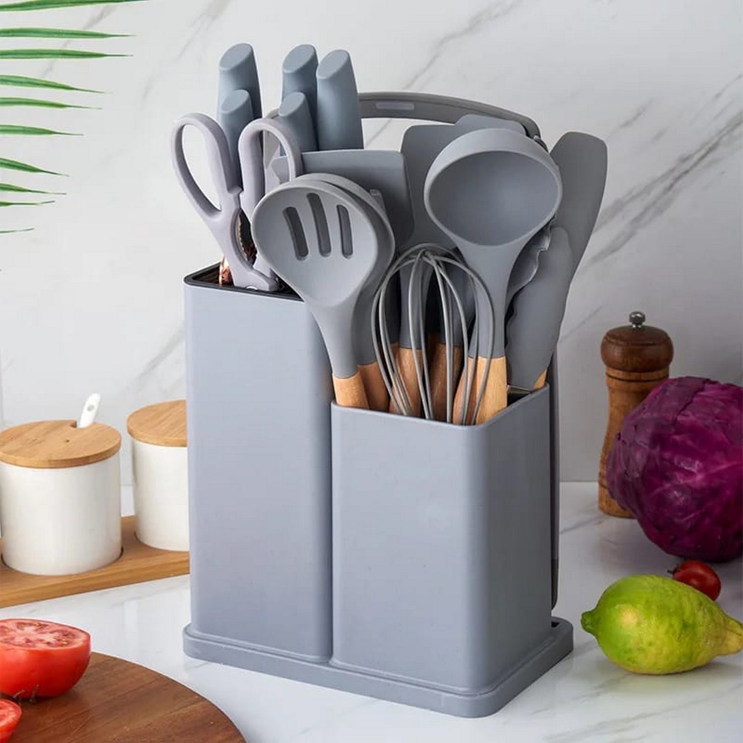 Non Stick Silicone Kitchen Utensils Set 19pcs (Knifes , Spoon & Chopping Board) Heat Resistance - FlyingCart.pk