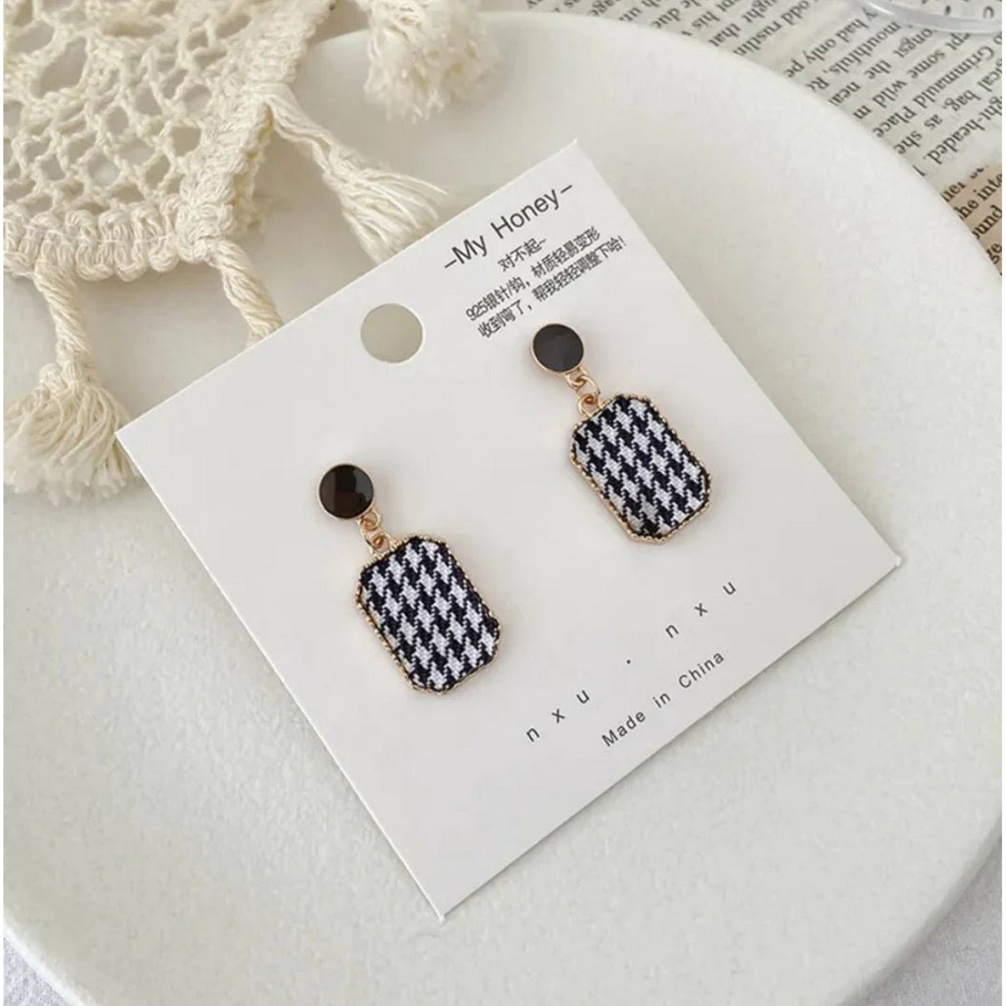 Houndstooth Dangle Luxury Checkered Earrings - FlyingCart.pk
