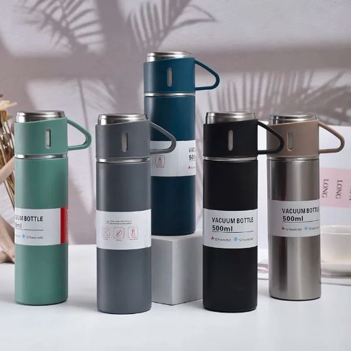 3 Cup Double-Layer Stainless Steel Vacuum Flask Set- FlyingCart.pk