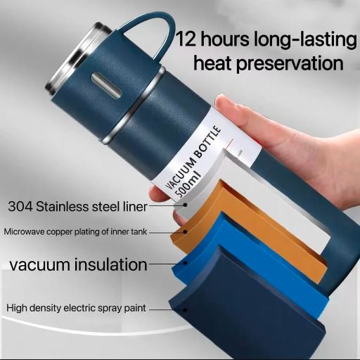 3 Cup Double-Layer Stainless Steel Vacuum Flask Set- FlyingCart.pk
