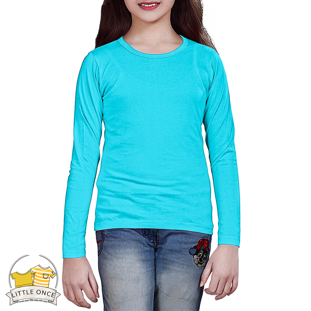 Aqua Blue Kids Full Sleeves T-Shirt For Girls - FlyingCart.pk