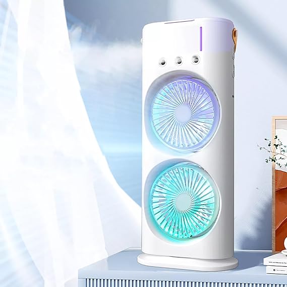 Portable Mini Double Fan Air Cooler with Mist Humidifier and LED Lighting - Flyingcart.pk