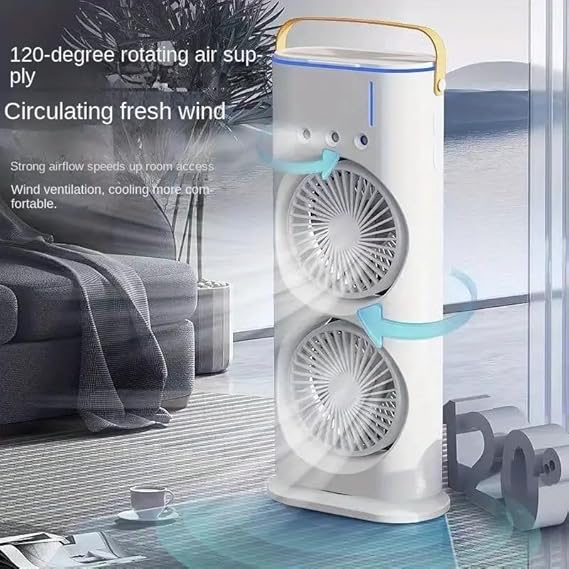 Portable Mini Double Fan Air Cooler with Mist Humidifier and LED Lighting - Flyingcart.pk