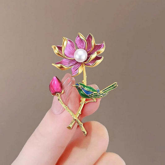 Exquisite Pearl Lotus And Magpie Pin Brooch - FlyingCart.pk