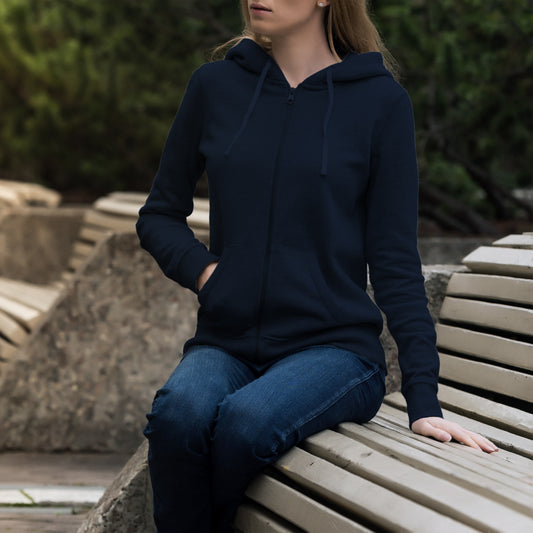 Women Zipper Hoodie Navy Blue- FlyingCart.pk