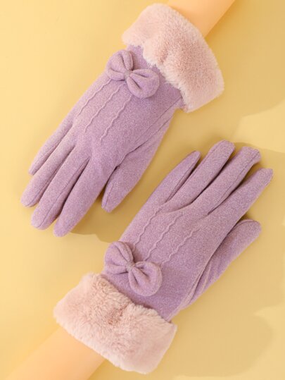 Women’s Bow Decor Plush Gloves - FlyingCart.pk