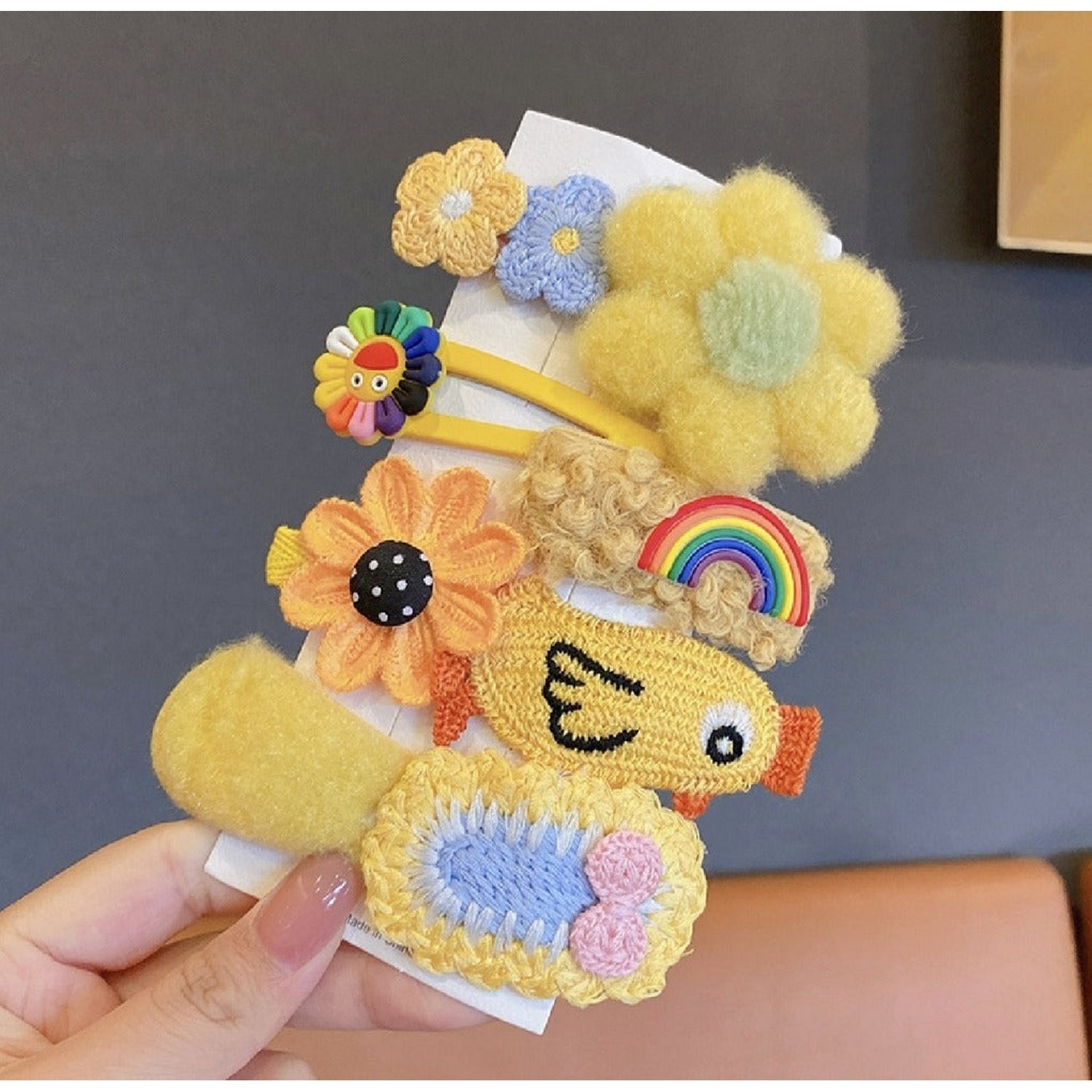 Cute Cotton Cartoon Flower Wool Knitted Hair Clips (Hand Made) 8 Pcs - FlyingCart.pk