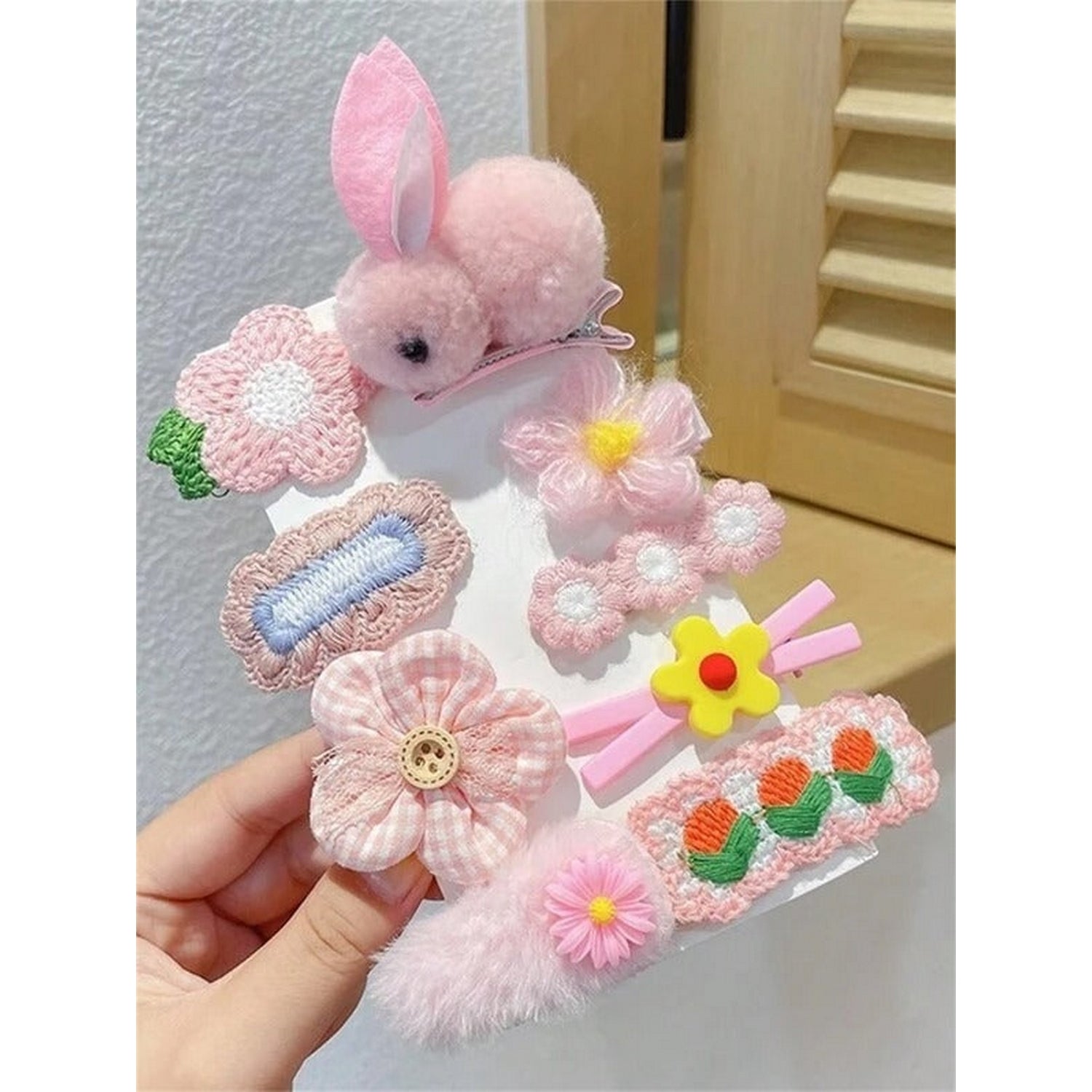 Cute Hair Clips Rabbit And Flower (Hand Made) 9 Pcs - FlyingCart.pk