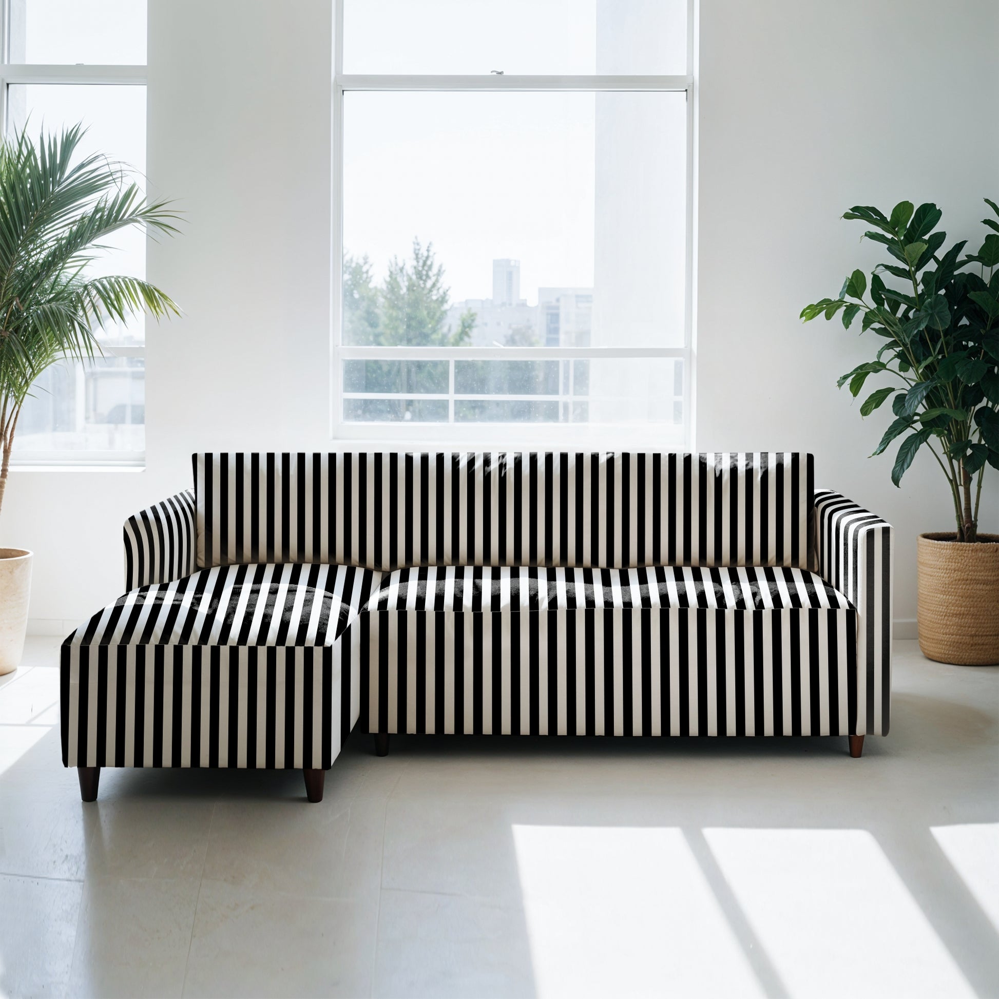 L Shaped Striped B&W Sofa Cover - FlyingCart.pk