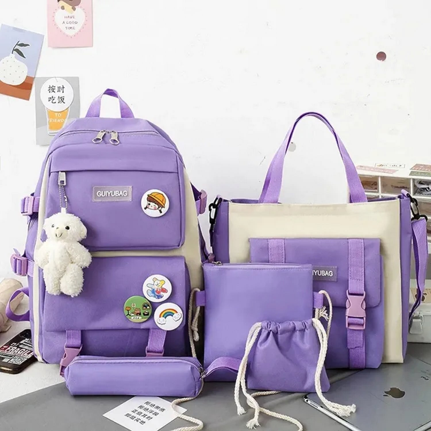 Canvas Cute School Bags for Girls 5Pcs/set - FlyingCart.pk
