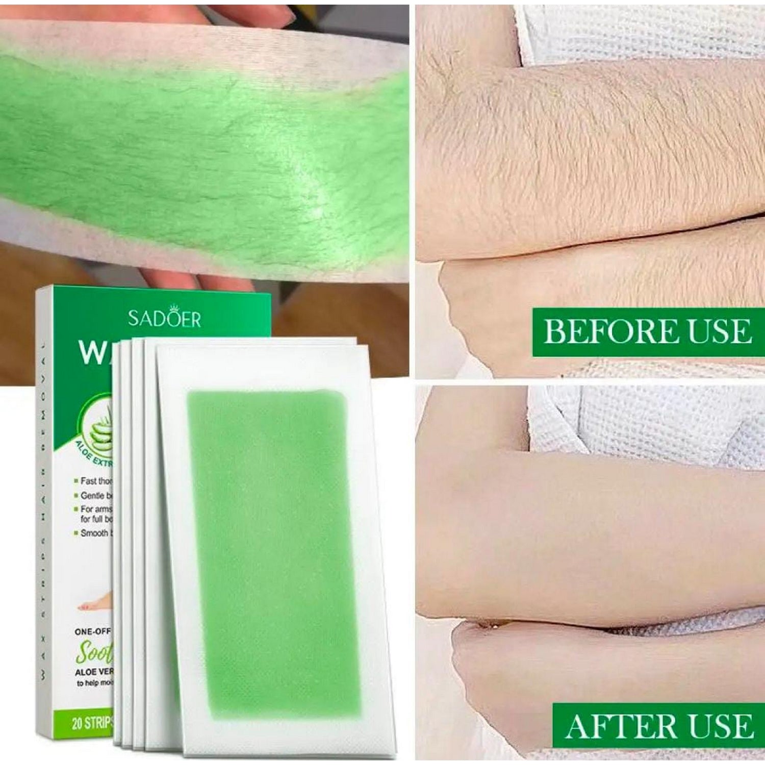 Sadoer Aloe Vera Hair Removal Wax Strips (10 Double Sided Strips) - FlyingCart.pk