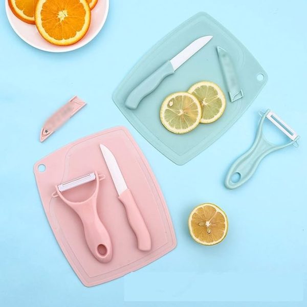 3 In 1 Ceramic Fruit & Vegetable Knife + Peeler + Chopping Board Set - Flyingcart.pk