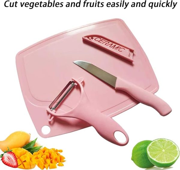 3 In 1 Ceramic Fruit & Vegetable Knife + Peeler + Chopping Board Set - Flyingcart.pk