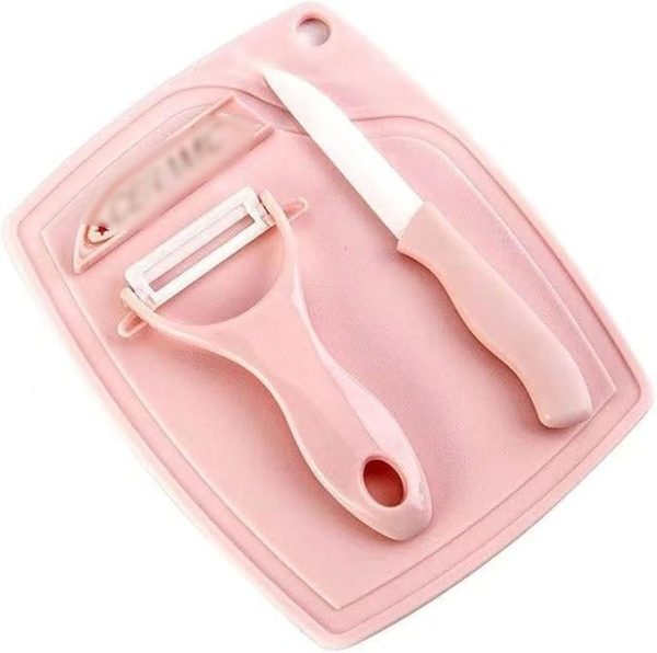 3 In 1 Ceramic Fruit & Vegetable Knife + Peeler + Chopping Board Set - Flyingcart.pk