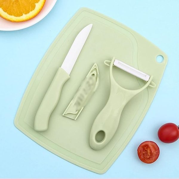 3 In 1 Ceramic Fruit & Vegetable Knife + Peeler + Chopping Board Set - Flyingcart.pk