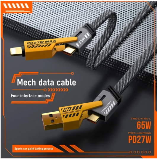 4-in-1-data-cable-usb-c-lightning-connectors-braided-durable-design-fast-charging-data-transfer-black-with-yellow-connectors-1-flyingcart.pk