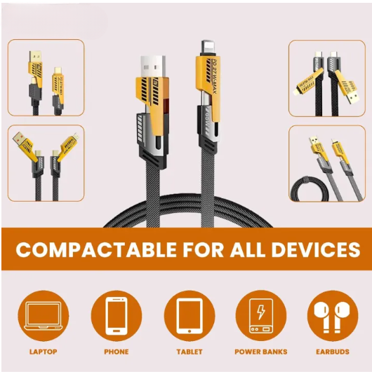 4-in-1-data-cable-usb-c-lightning-connectors-braided-durable-design-fast-charging-data-transfer-black-with-yellow-connectors-1-flyingcart.pk