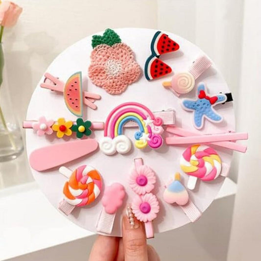 Hair Clips For Kids Cute Characters Pretty Snap Multicolor 14 Pcs - FlyingCart.pk