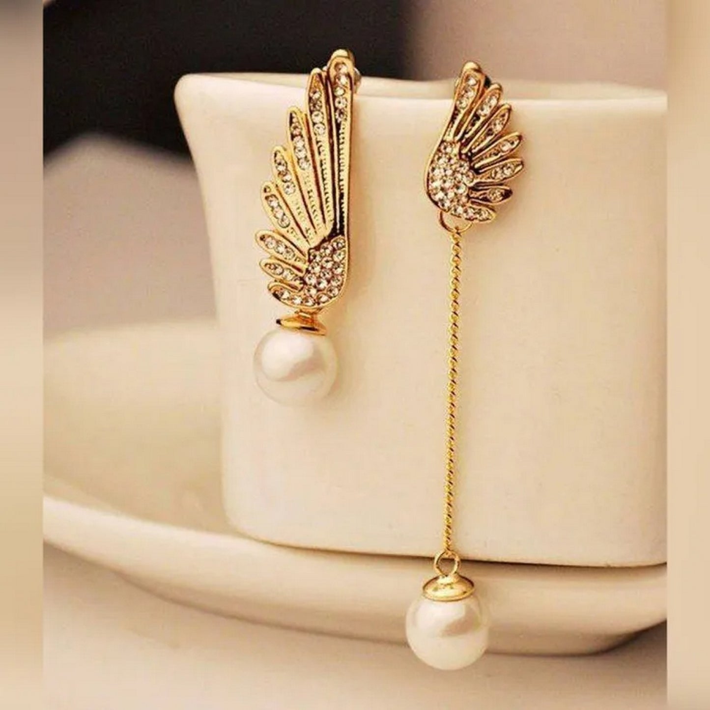 Luxurious Asymmetrical Wings Rhinestone Pearl Dangle Drop Earrings - FlyingCart.pk