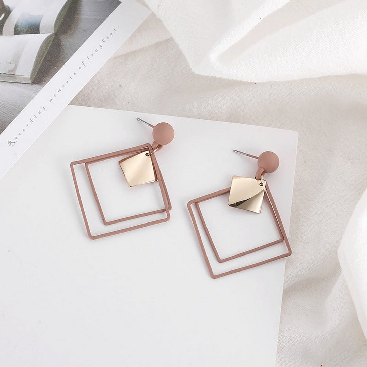 Elegant Hollowed Out Rhombuses Double Square Drop Dangle Earrings - FlyingCart.pk