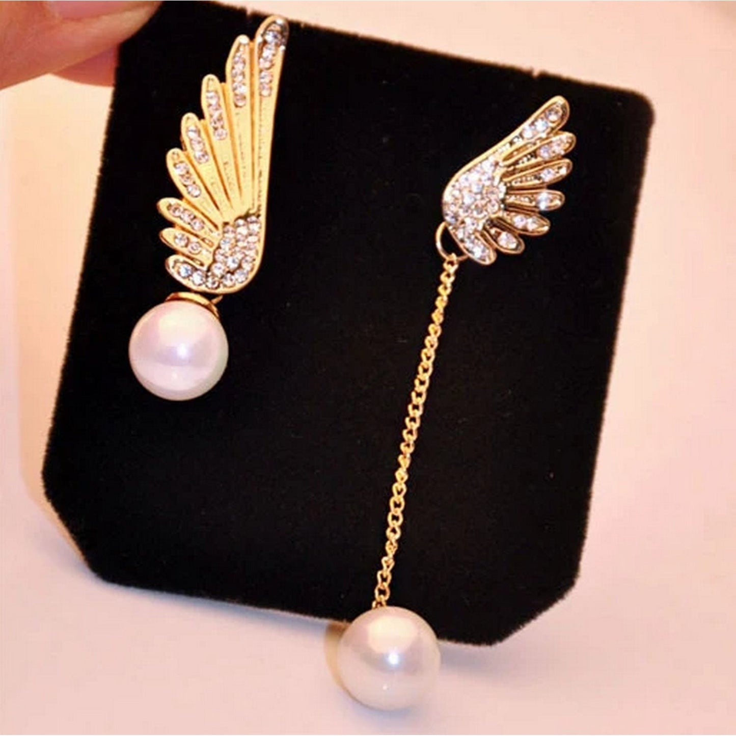 Luxurious Asymmetrical Wings Rhinestone Pearl Dangle Drop Earrings - FlyingCart.pk