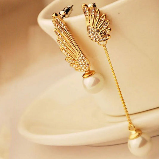 Luxurious Asymmetrical Wings Rhinestone Pearl Dangle Drop Earrings - FlyingCart.pk