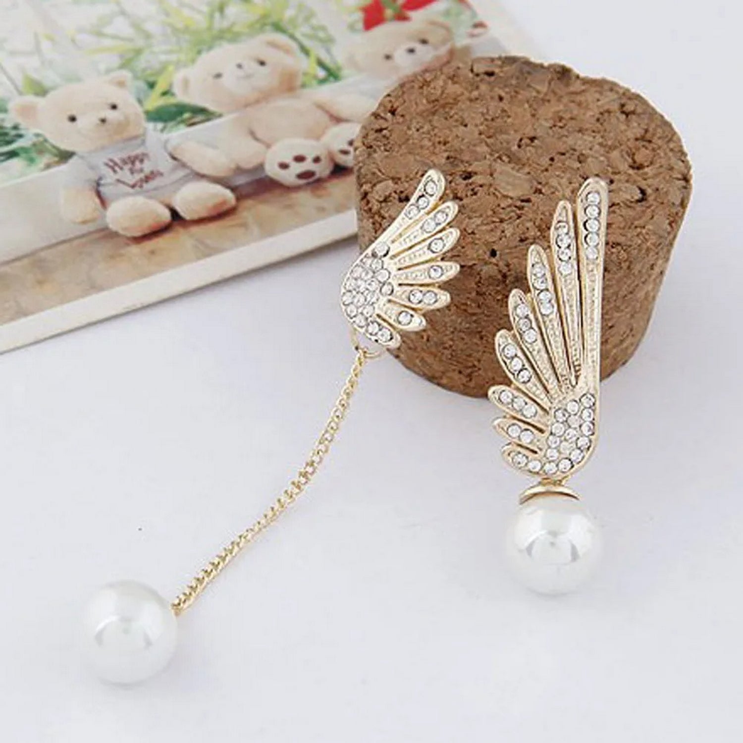 Luxurious Asymmetrical Wings Rhinestone Pearl Dangle Drop Earrings - FlyingCart.pk