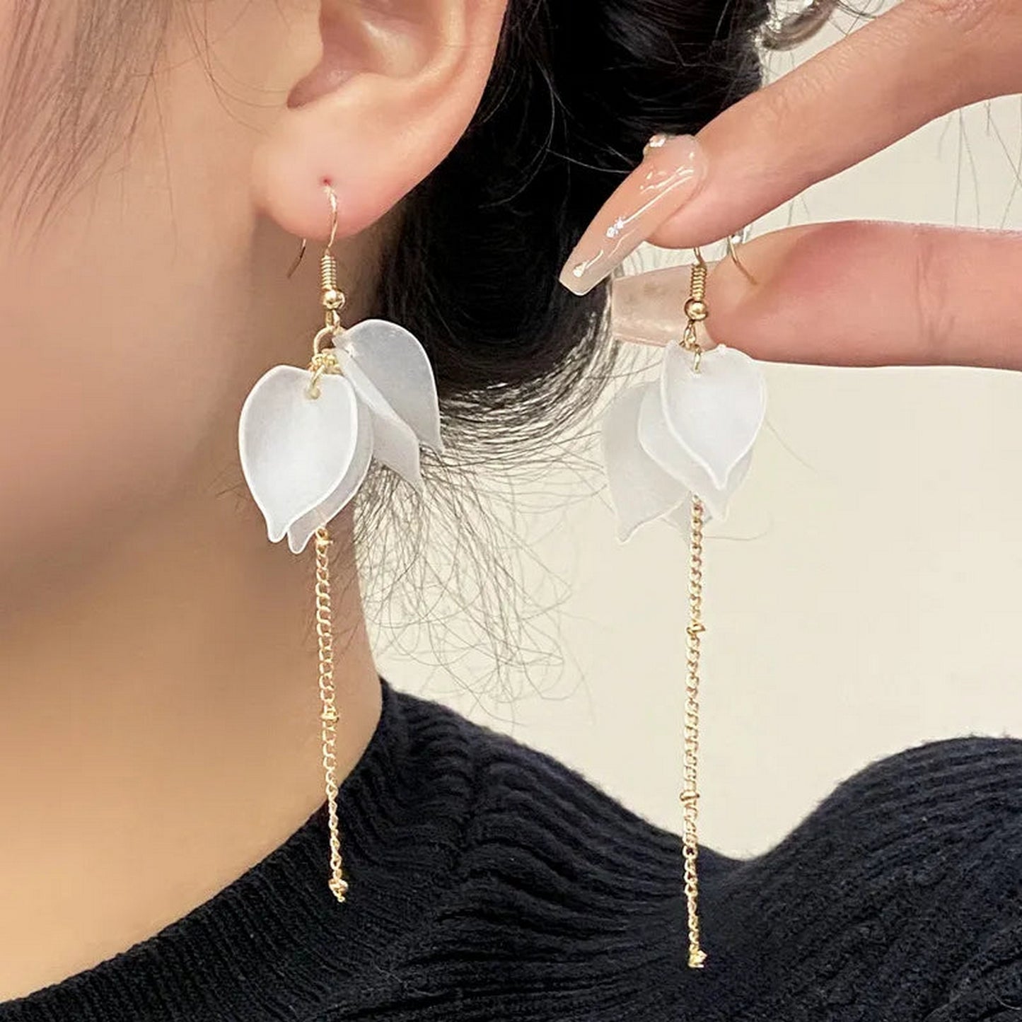 White Flower Petal Long Tassel Earrings - FlyingCart.pk