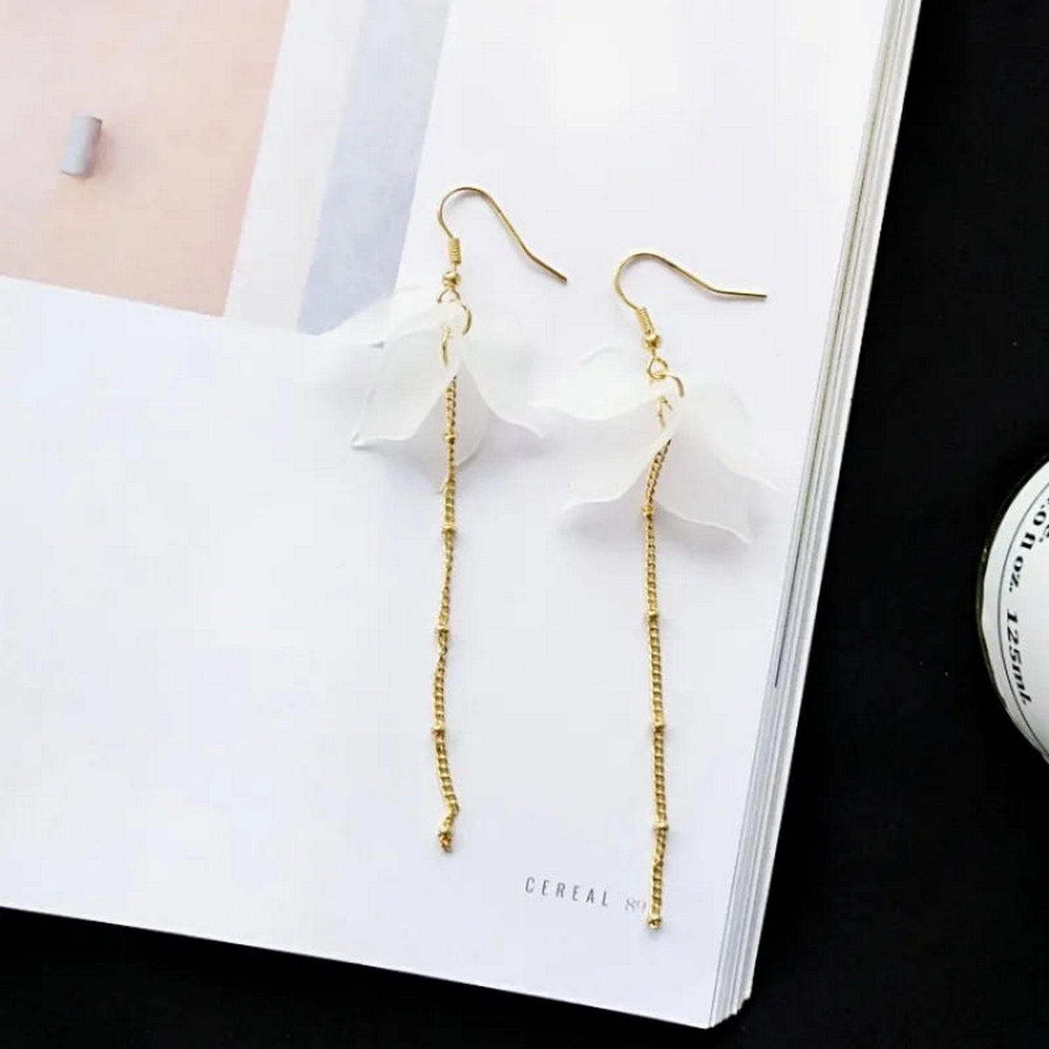 White Flower Petal Long Tassel Earrings - FlyingCart.pk