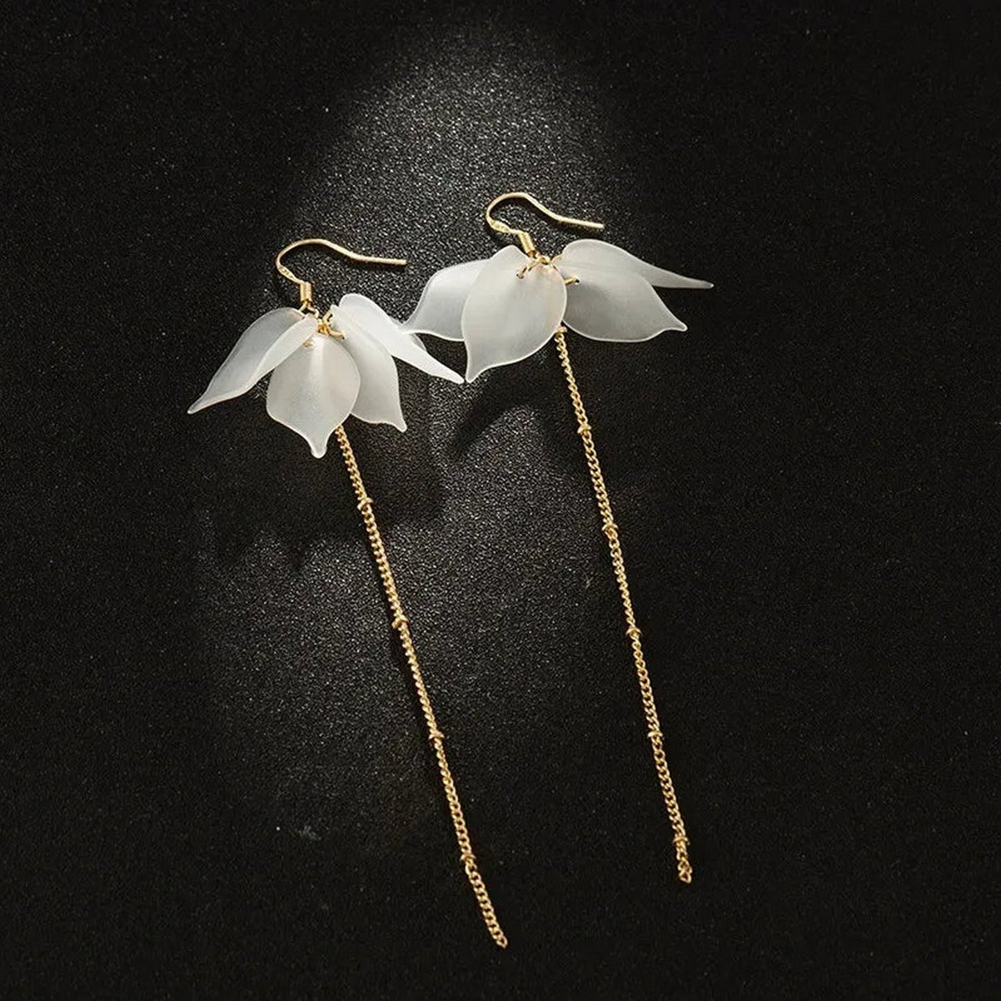 White Flower Petal Long Tassel Earrings - FlyingCart.pk