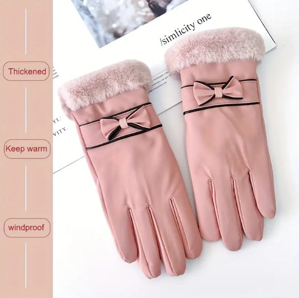 Women’s Bow Decor Plush Gloves - FlyingCart.pk