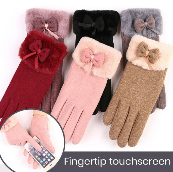 Women’s Bow Decor Plush Gloves - FlyingCart.pk