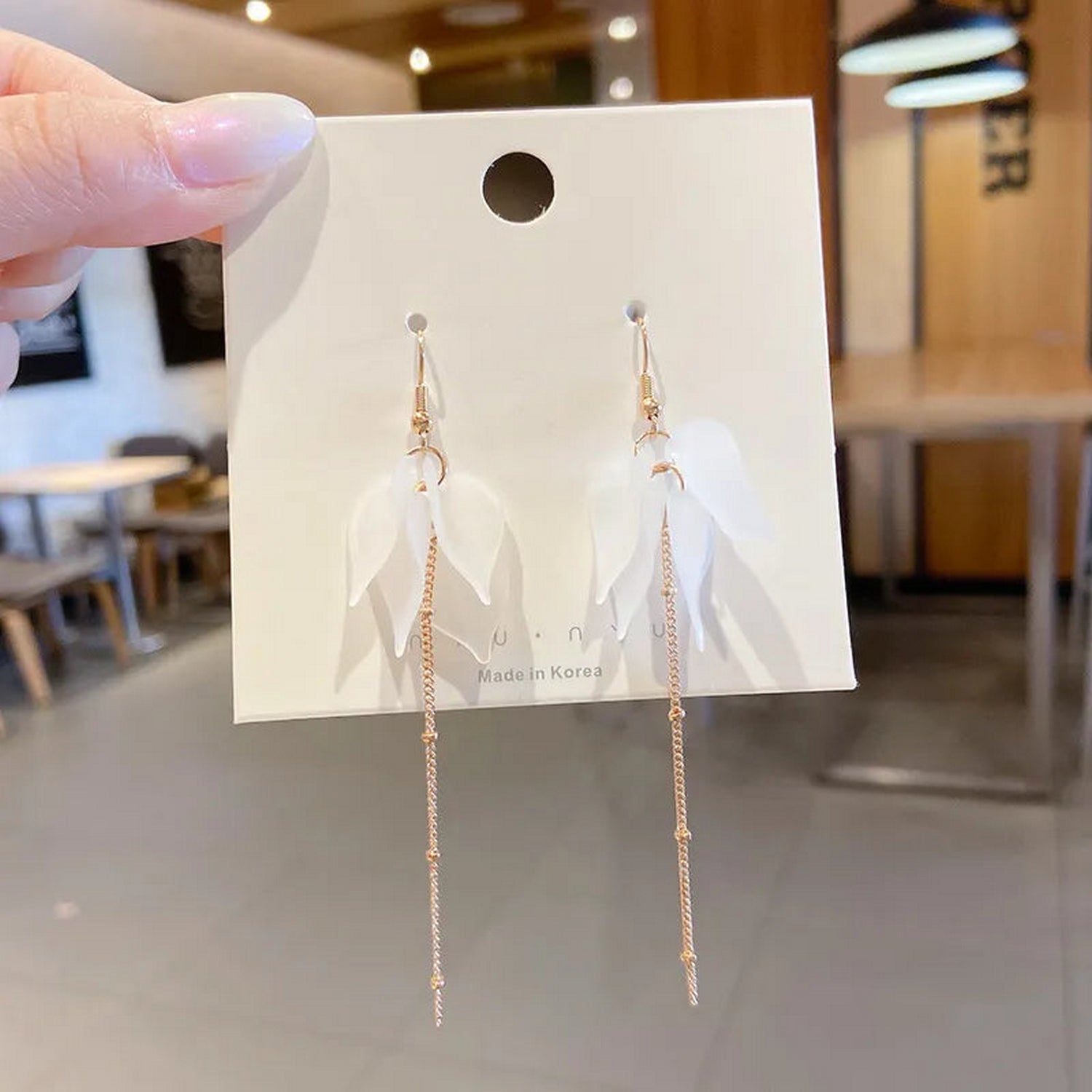 White Flower Petal Long Tassel Earrings - FlyingCart.pk