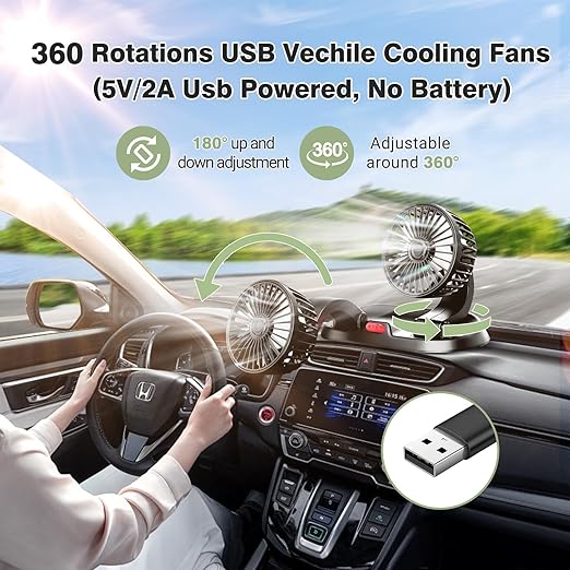 Car Fan Long Neck Double Head Adjustable V Fan For Summer - 5v/2a Usb Powered - Flyingcart.pk
