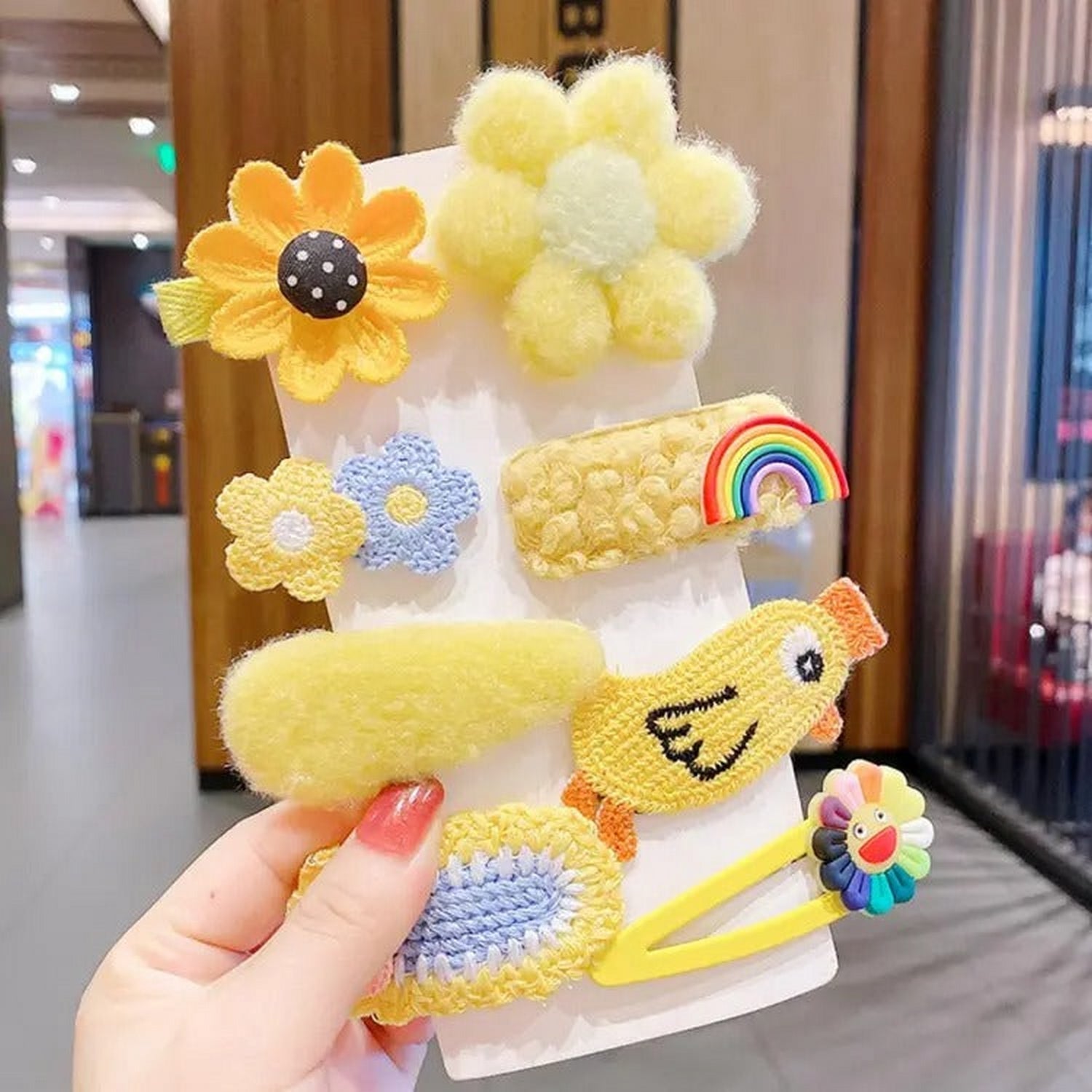 Cute Cotton Cartoon Flower Wool Knitted Hair Clips (Hand Made) 8 Pcs - FlyingCart.pk